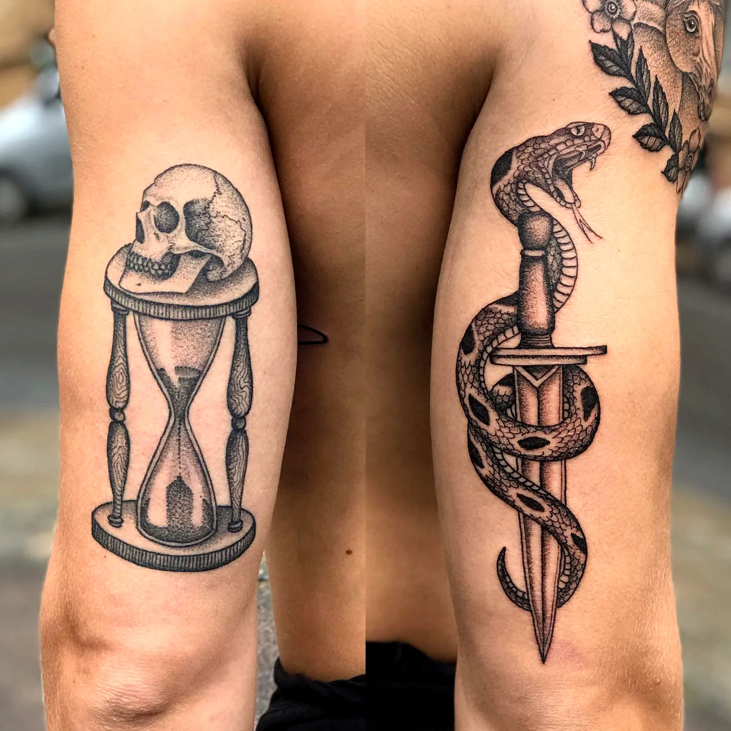 Skull Hourglass and Snake Sword Tricep Tattoo