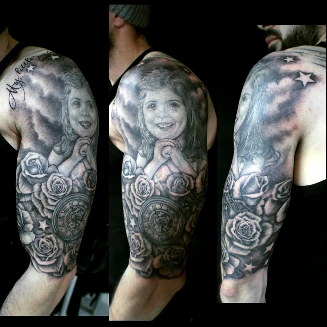 Smiling Girl Upper Arm Tattoo with Roses