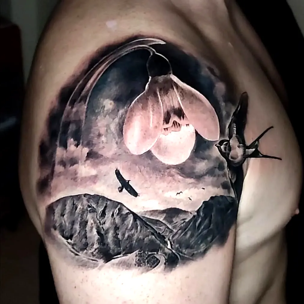 Snowdrop Flower Upper Arm Tattoo