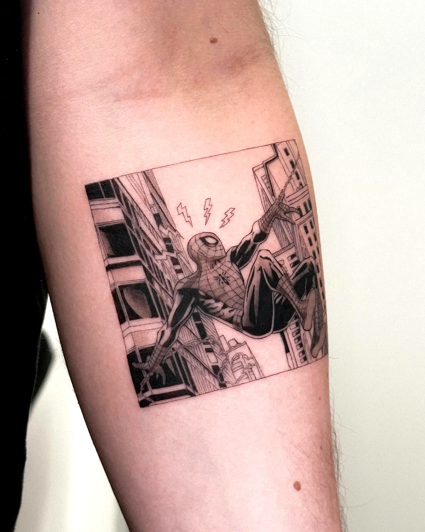 Spider-Man Forearm Tattoo in Black Grey