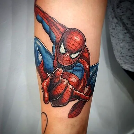 Spider-Man Forearm Tattoo in Red and Blue