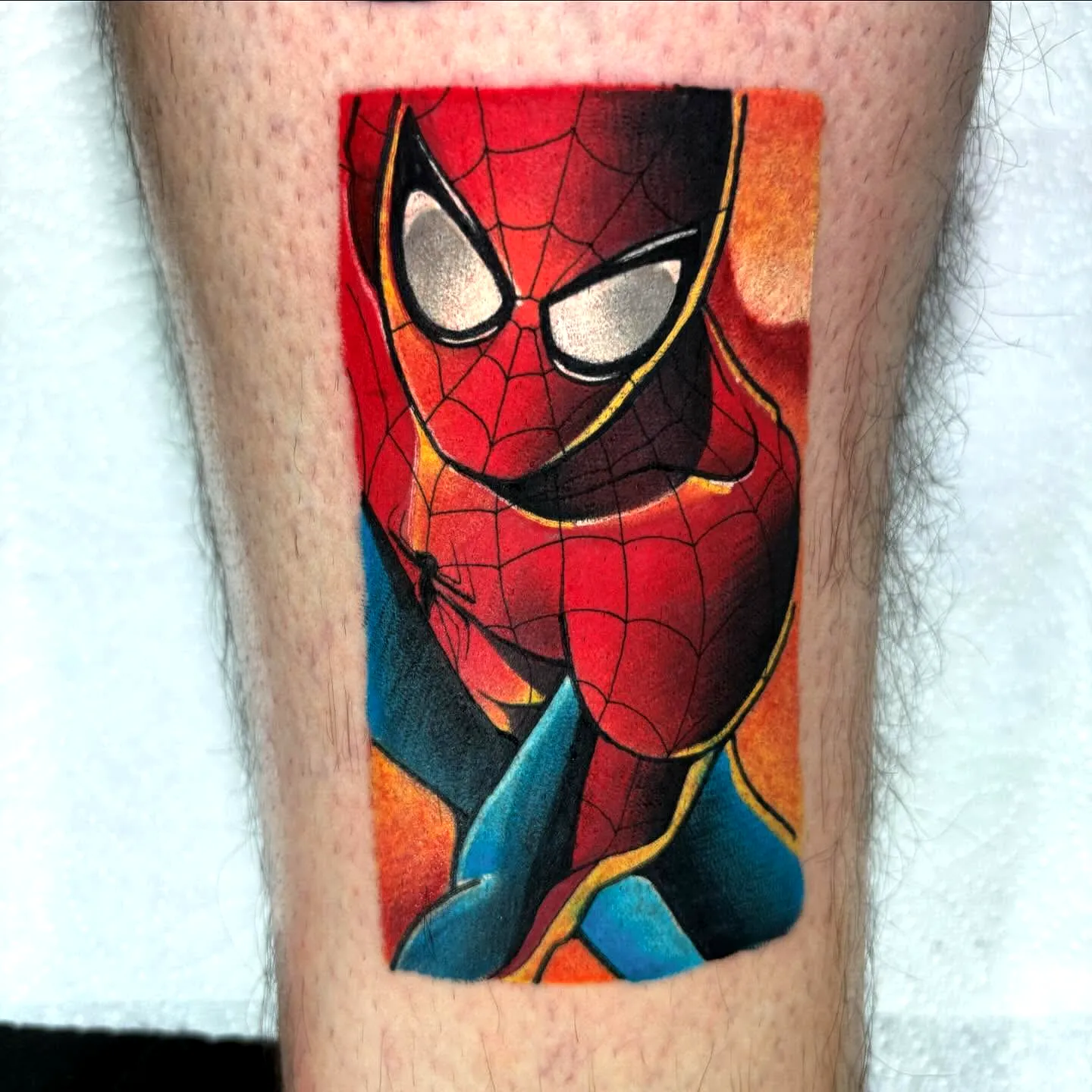 Spider-Man Leg Tattoo in Vibrant Colors