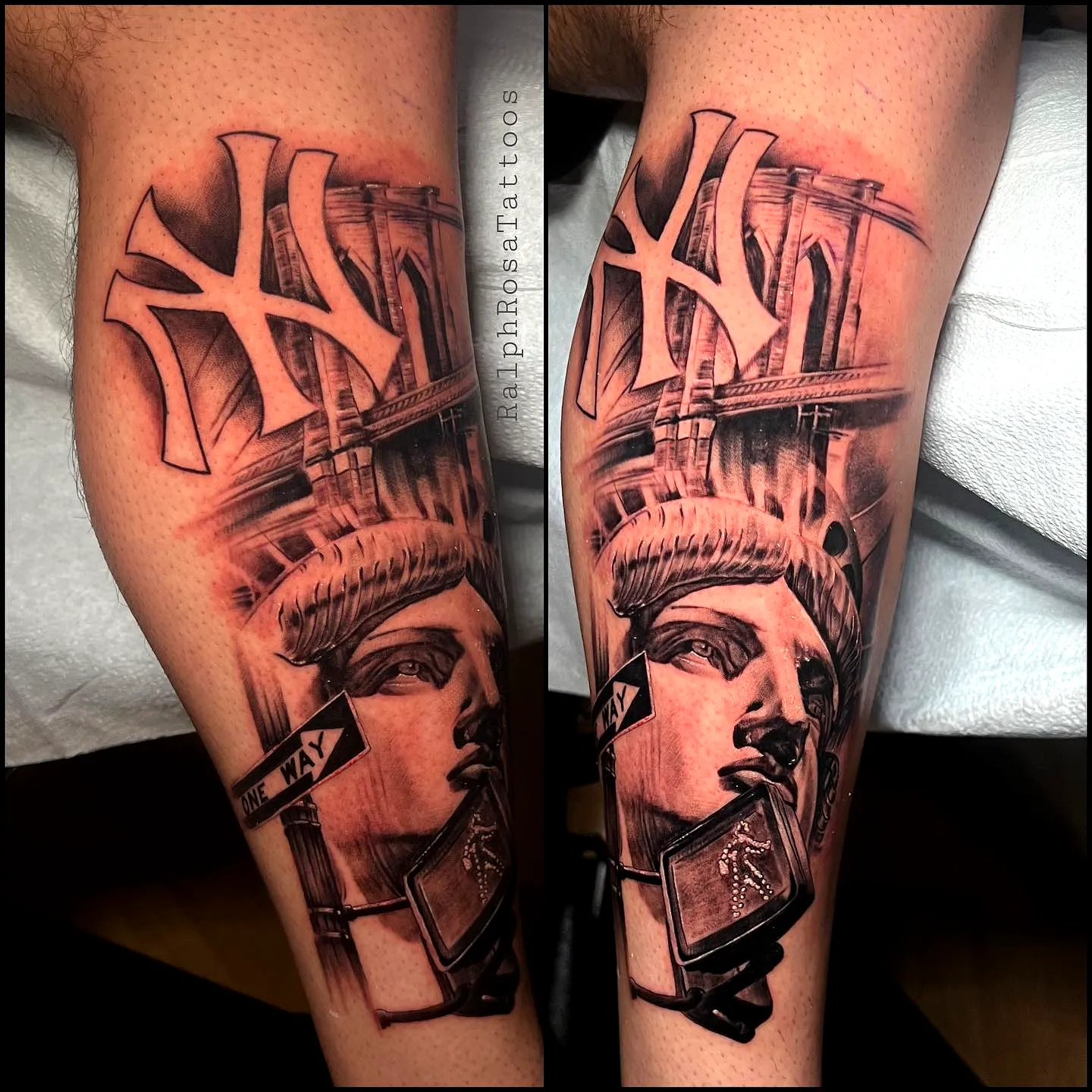 Statue of Liberty Leg Tattoo in Grayscale