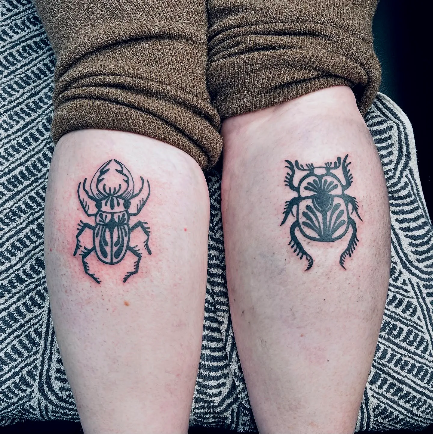 Stylized Beetle Calf Tattoos