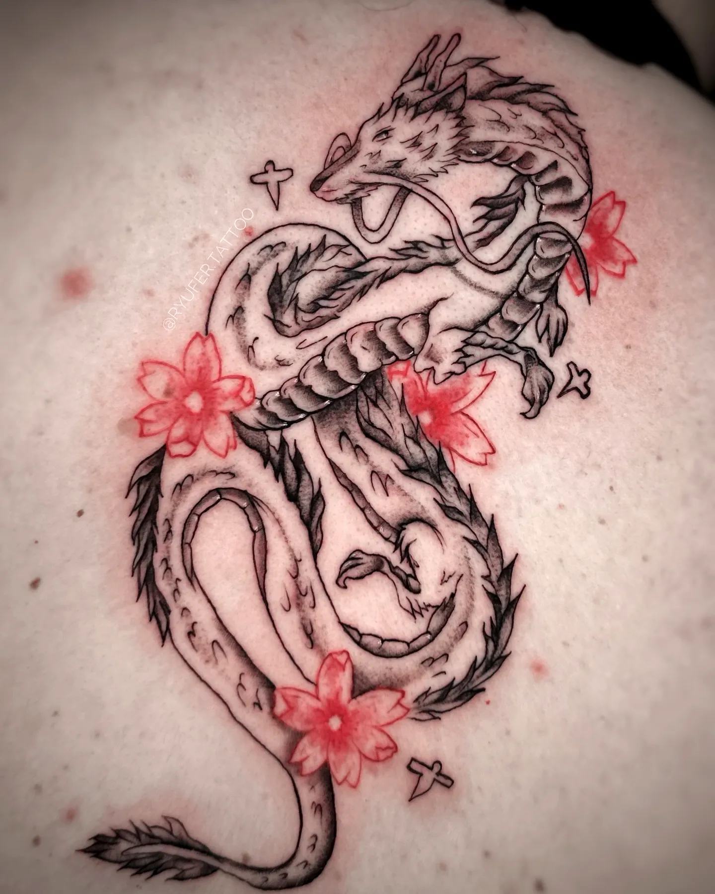Stylized Dragon Arm Tattoo with Cherry Blossoms