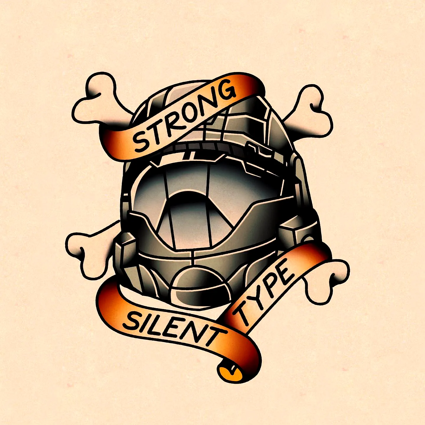 Stylized Helmet Arm Tattoo with Bones