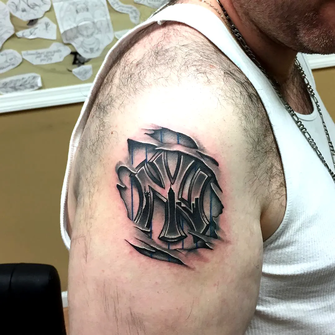 Stylized NY Arm Tattoo in Black and Gray