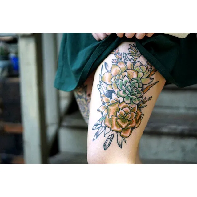 Succulent Thigh Tattoo with Crystals