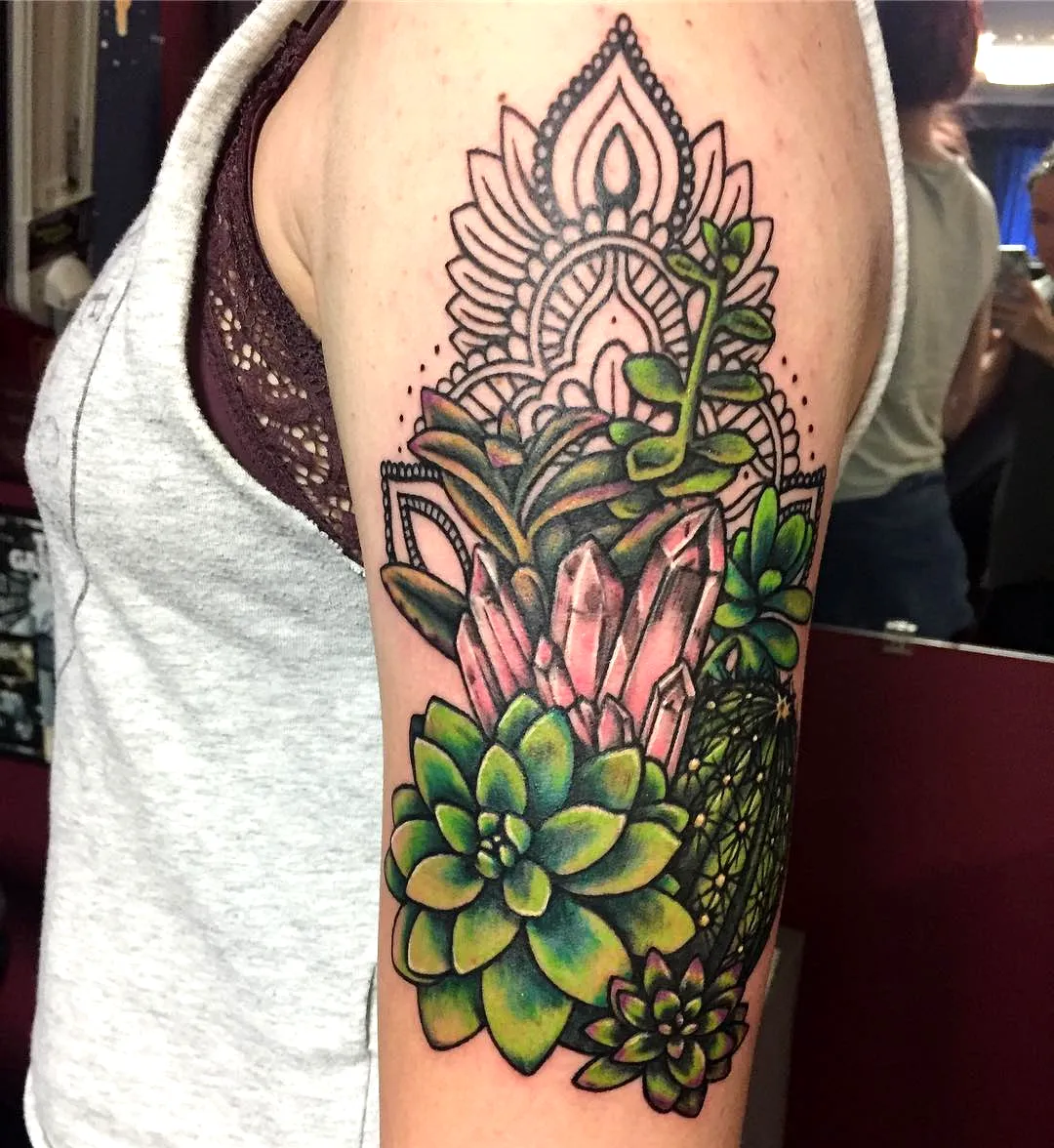 Succulent Upper Arm Tattoo with Crystals
