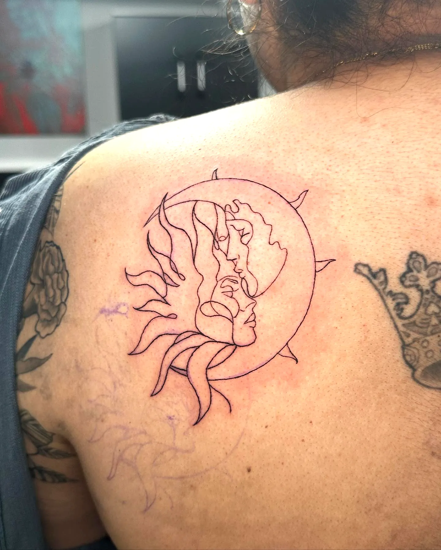 Sun and Moon Upper Back Tattoo