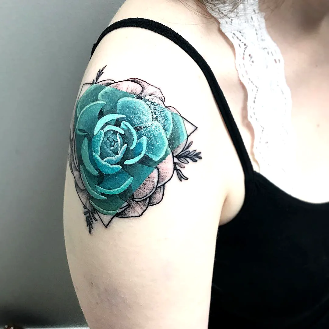 Teal and Pink Succulent Arm Tattoo