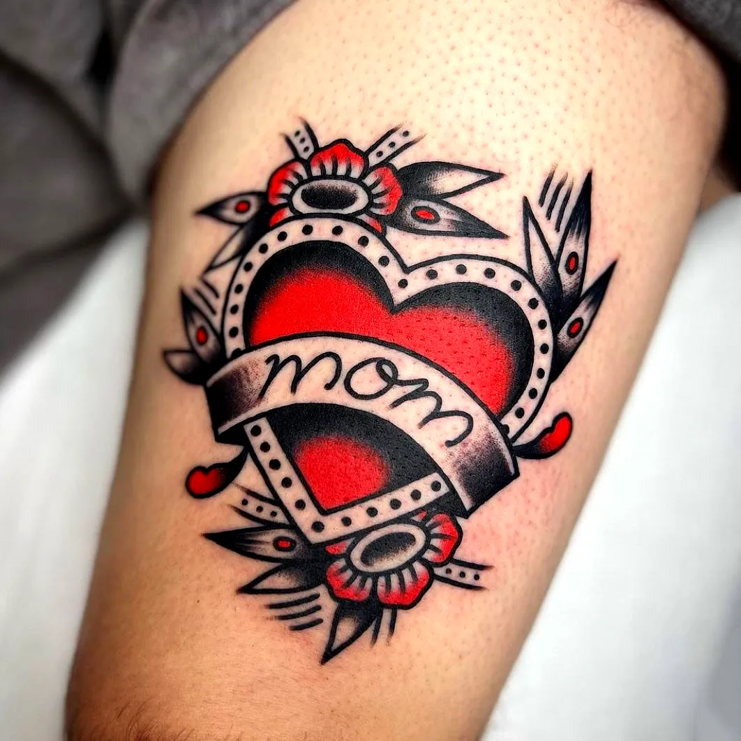 Traditional Mom Heart Thigh Tattoo