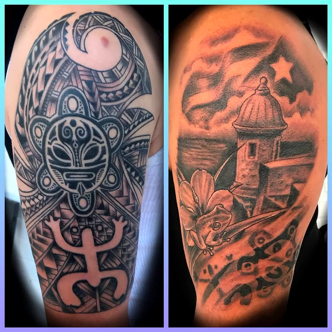 Tribal and Scenic Arm Tattoo Design