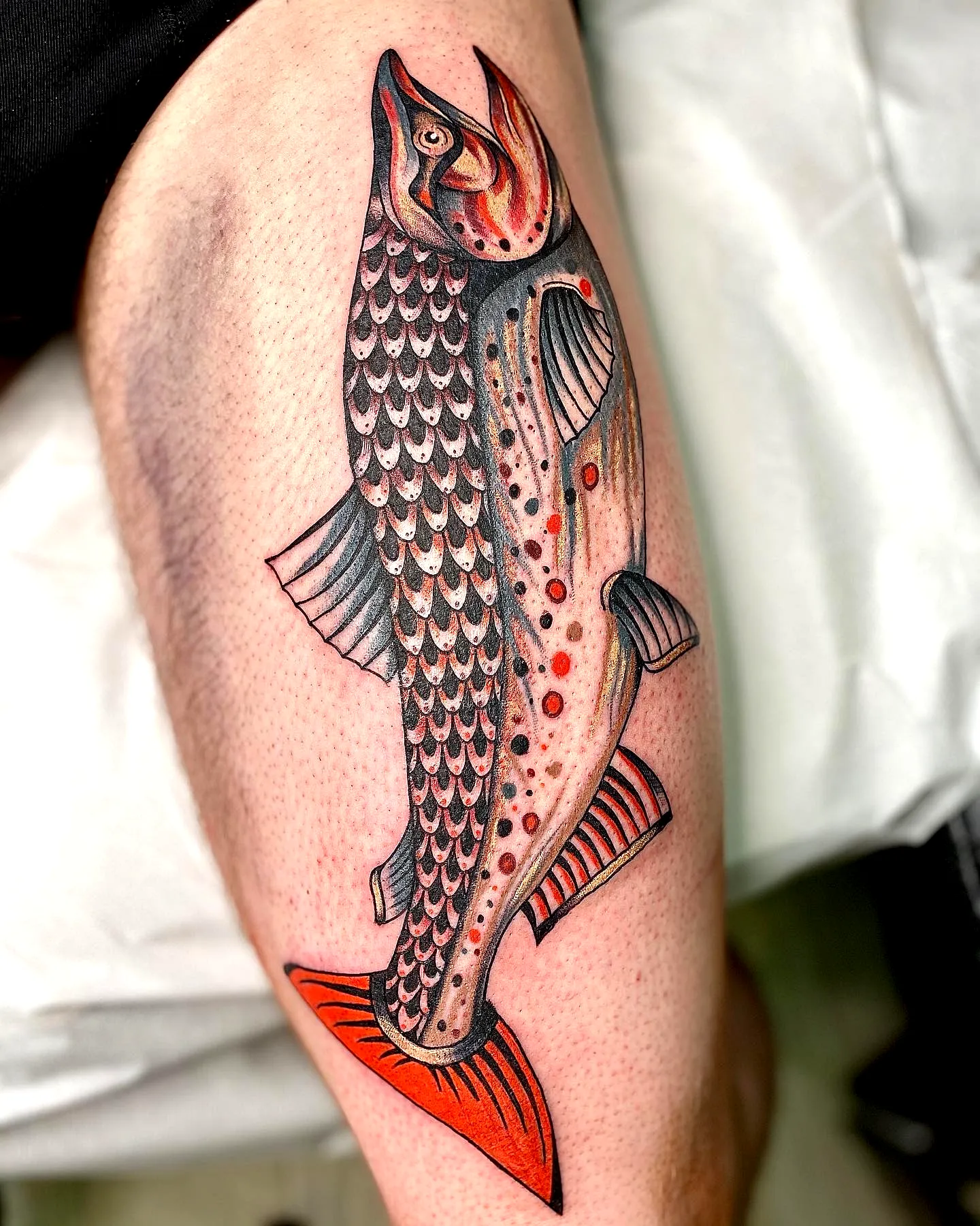 Trout Thigh Tattoo in Vibrant Colors