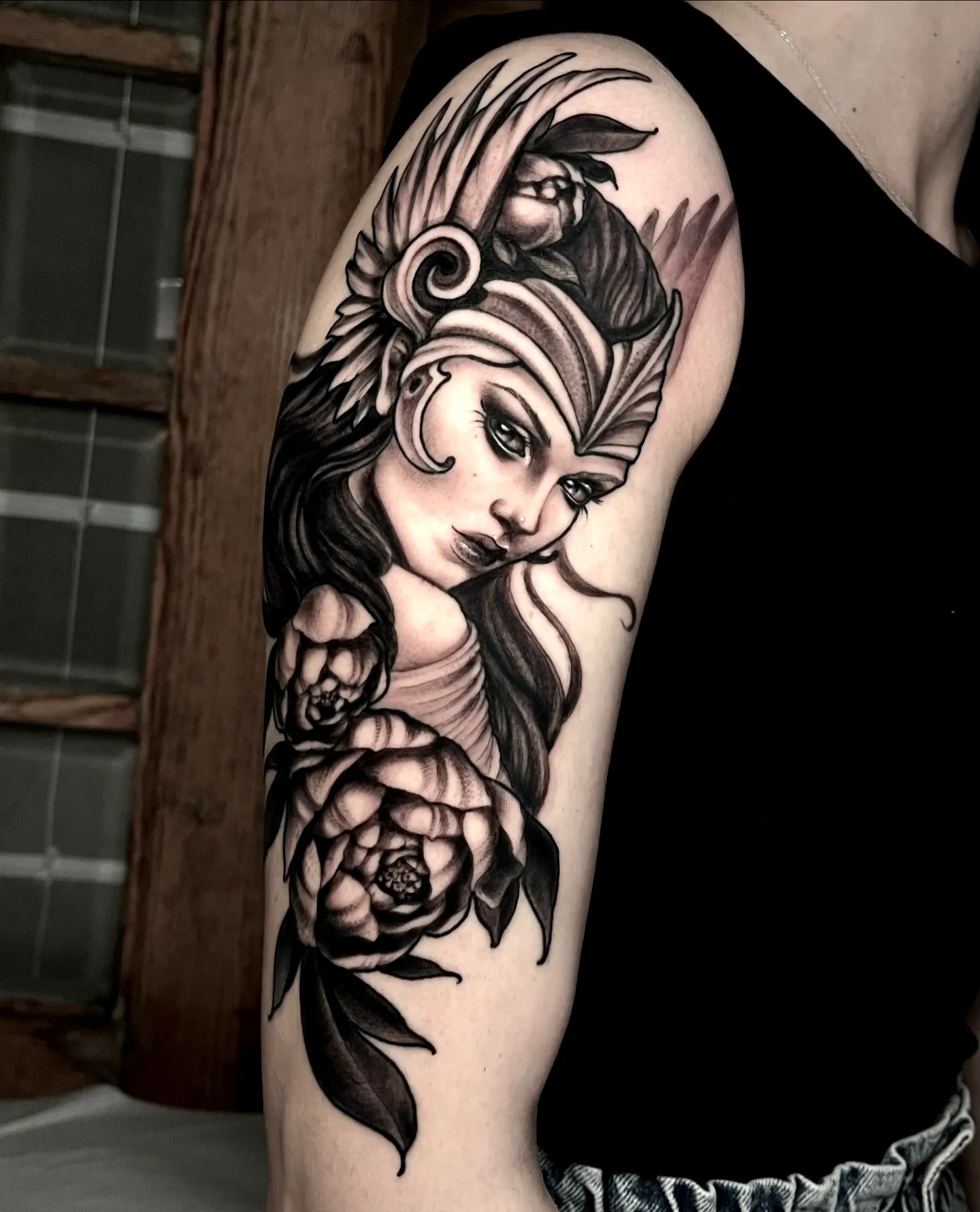 Valkyrie Floral Portrait Arm Tattoo