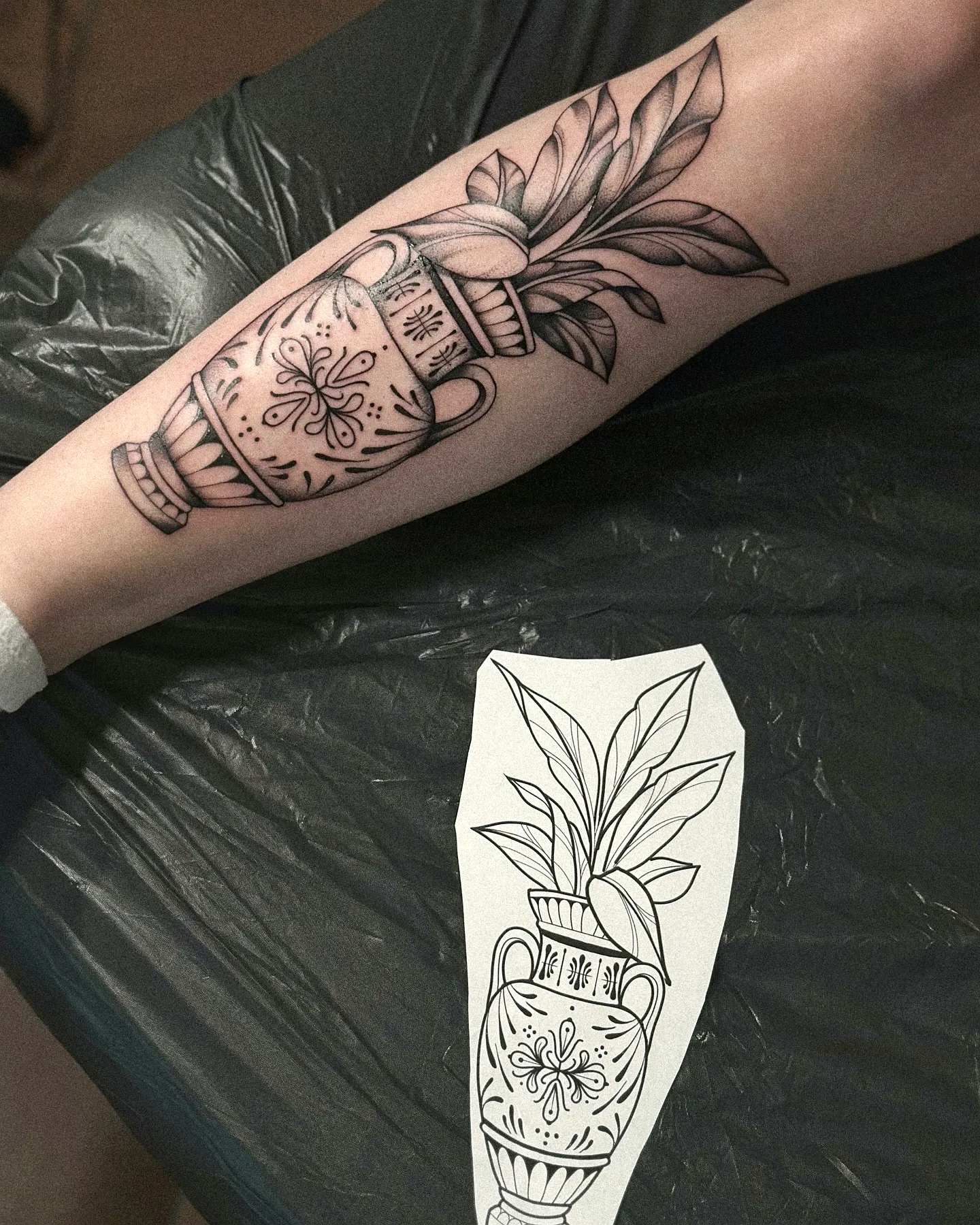 Vase Forearm Tattoo with Botanical Elements