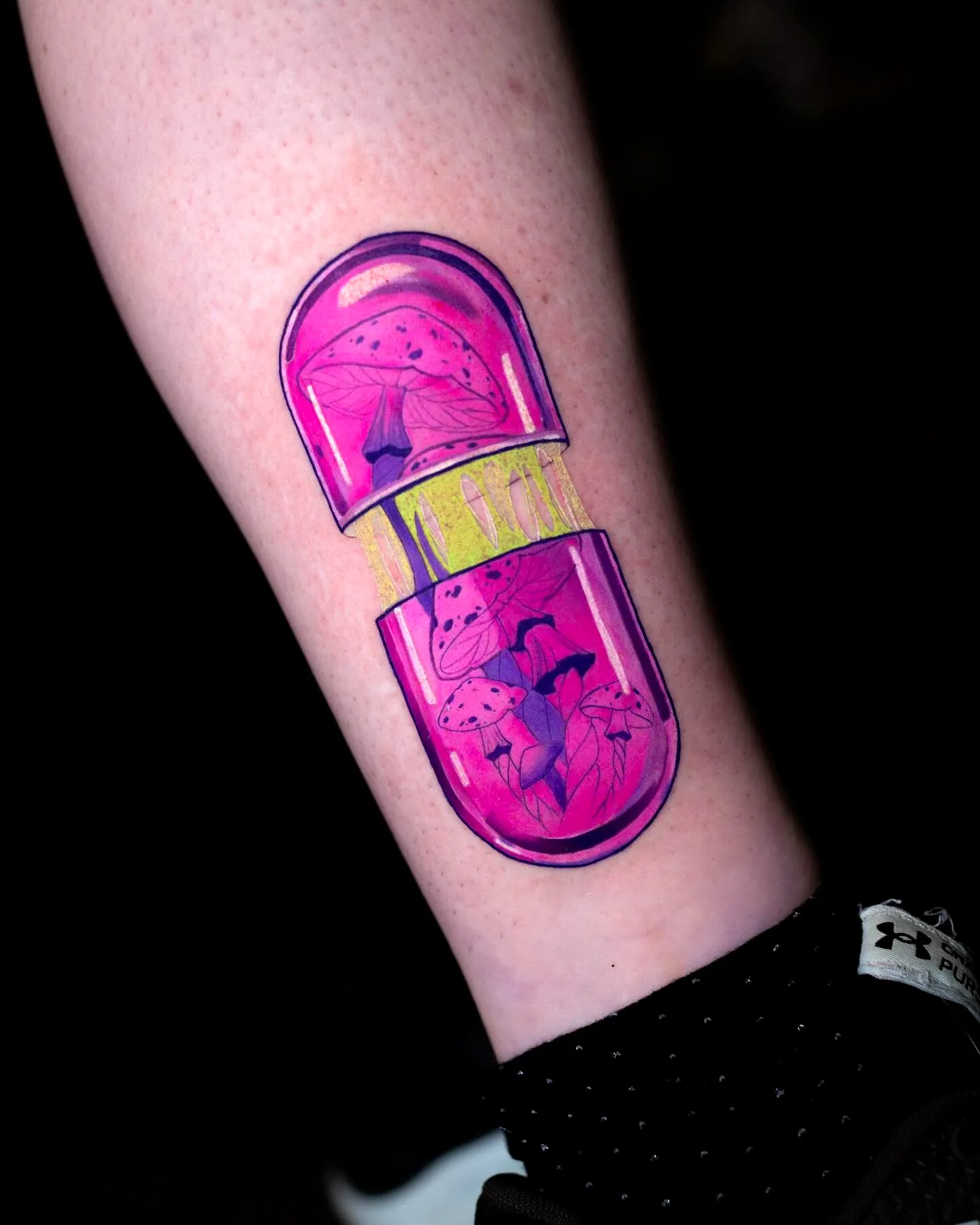 Vibrant Pink Capsule Leg Tattoo