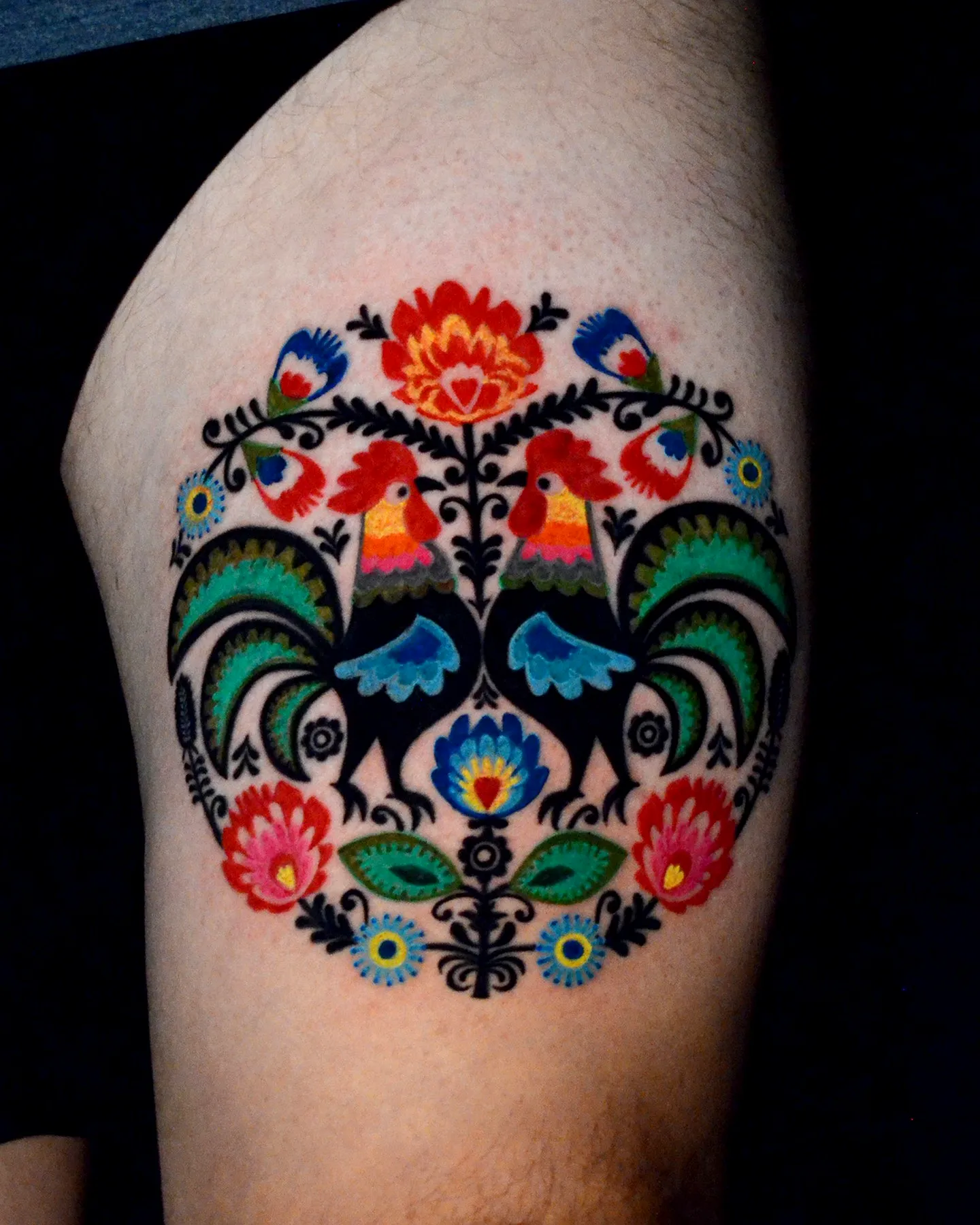 Vibrant Rooster Forearm Tattoo Design