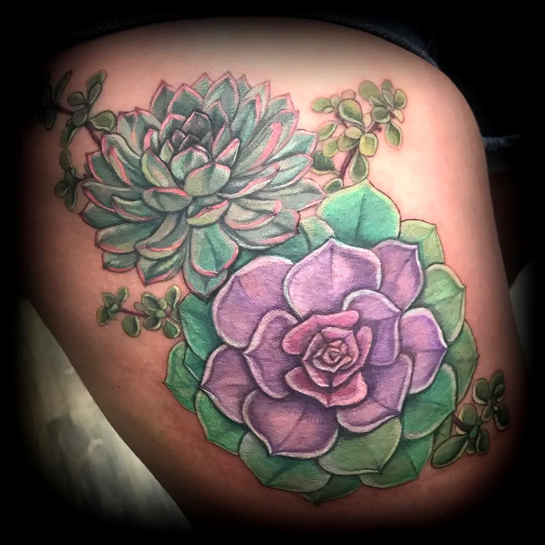 Vibrant Succulent Thigh Tattoo Design