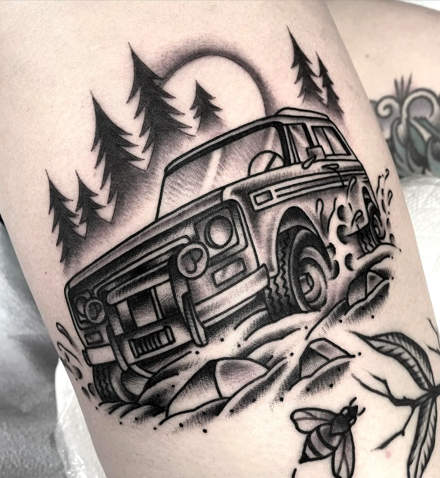 Vintage Truck Thigh Tattoo Design