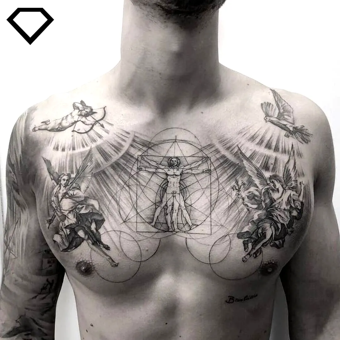 Vitruvian Man Chest Tattoo with Angels