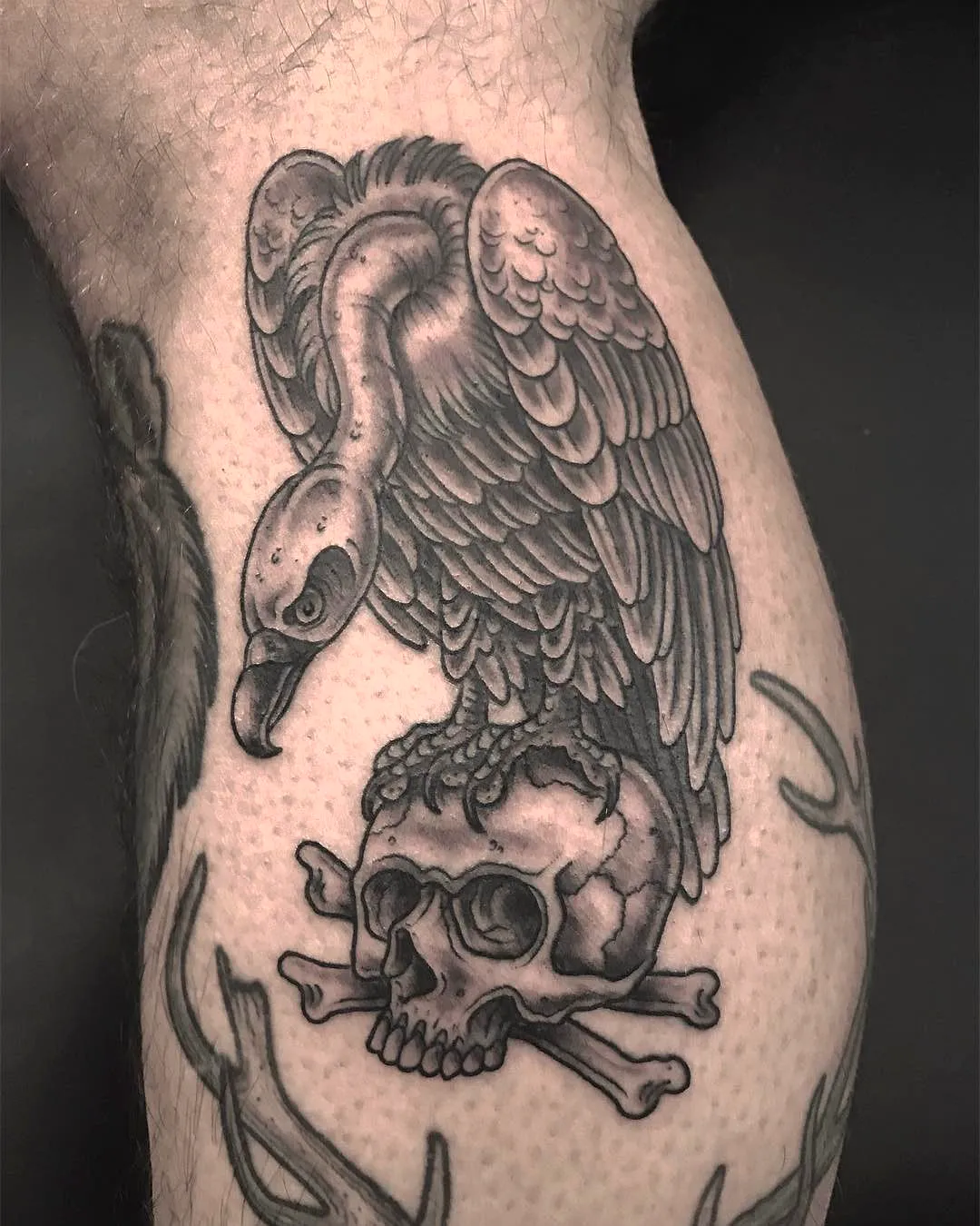 Vulture Knee Tattoo with Skull and Bones