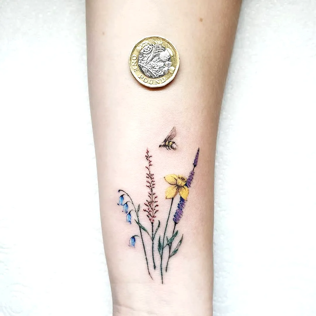 Watercolor Flower and Bee Forearm Tattoo