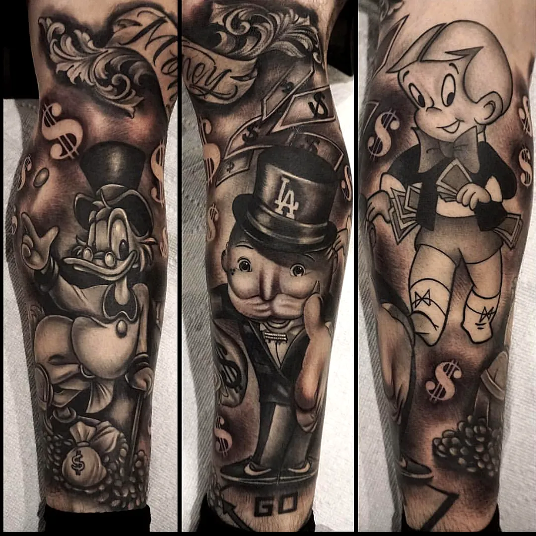 Wealthy Characters Lower Leg Tattoo