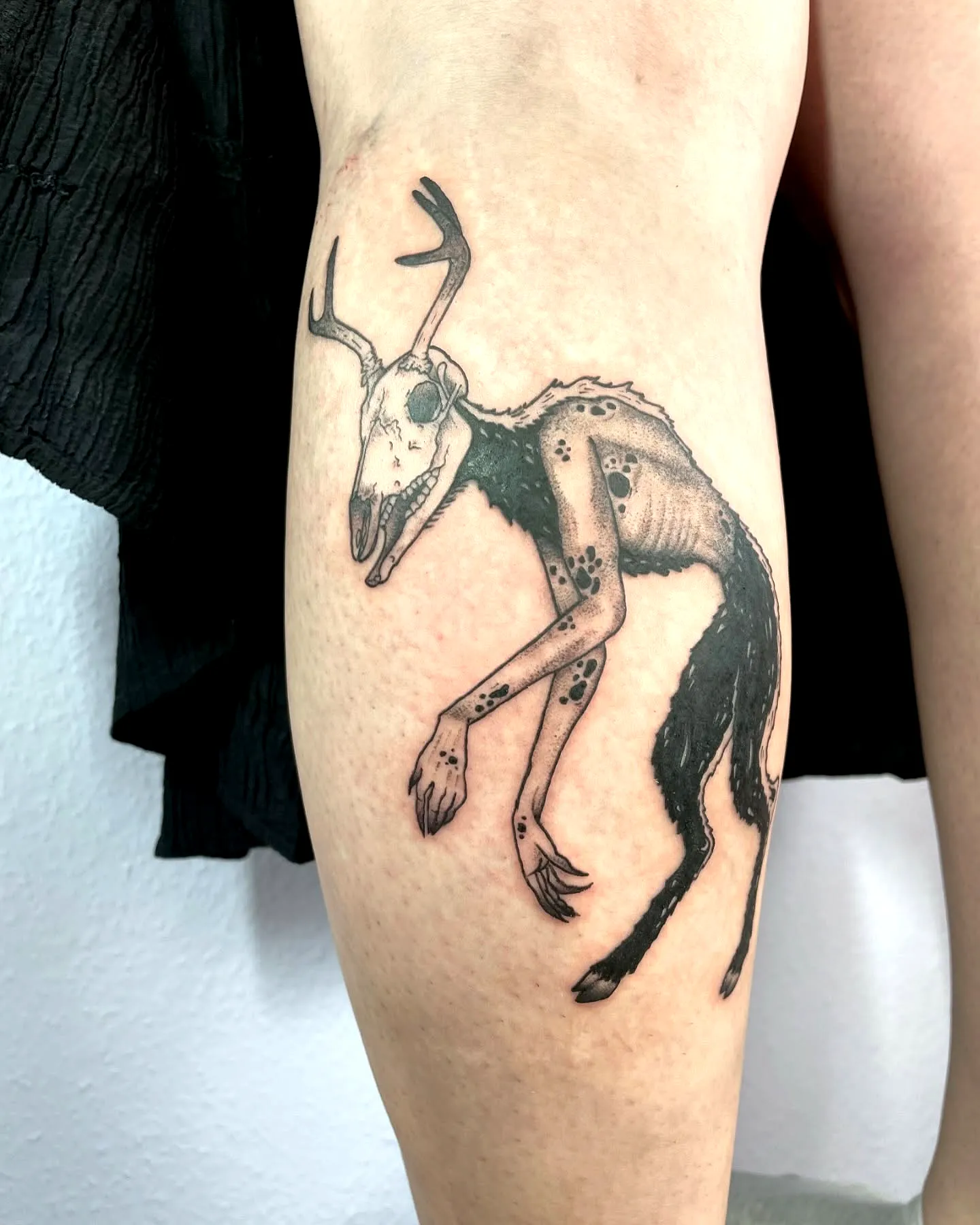 Wendigo Black and Gray Leg Tattoo