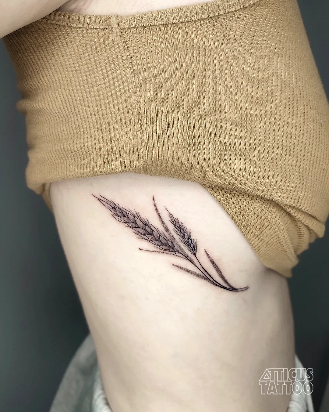 Wheat Inner Thigh Tattoo in Minimalist Style