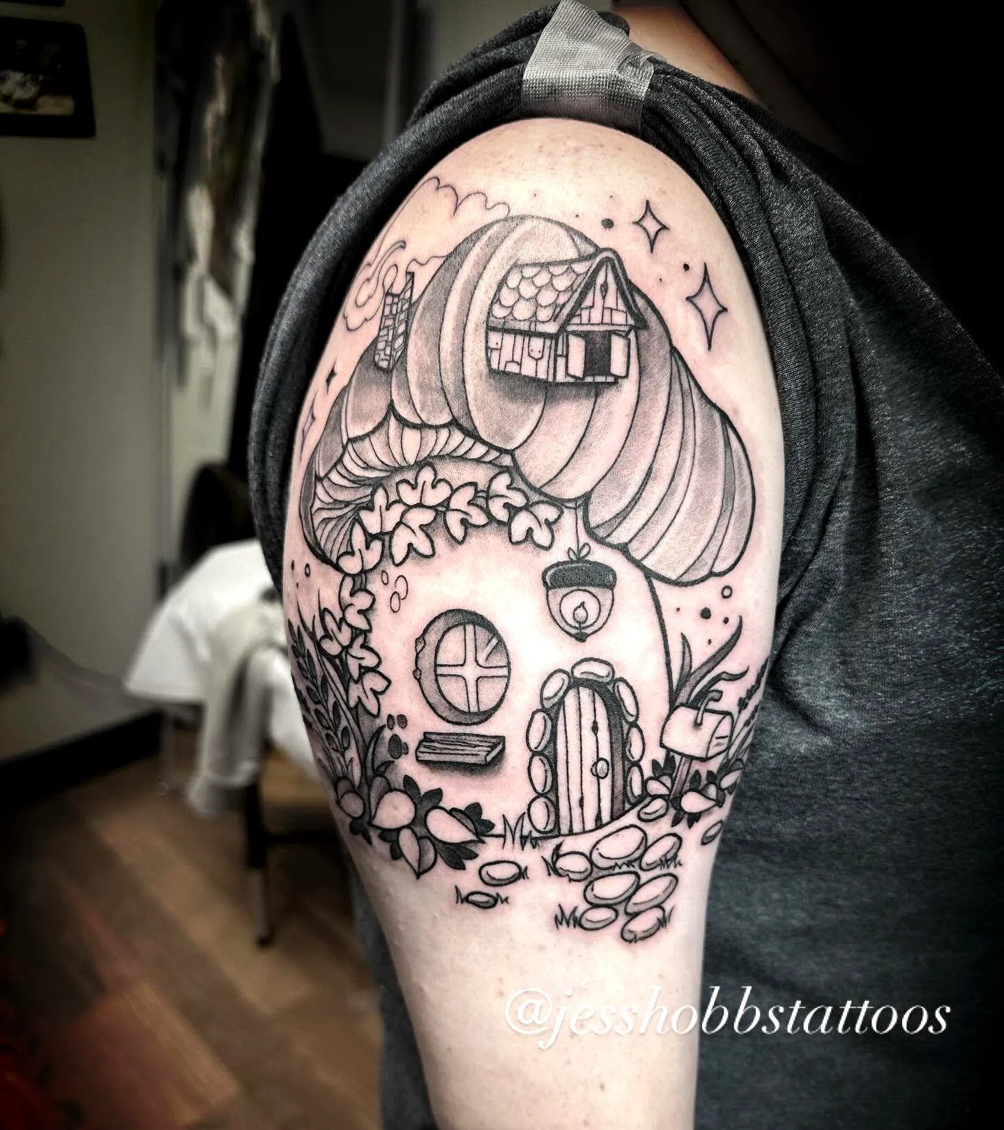 Whimsical Mushroom Upper Arm Tattoo