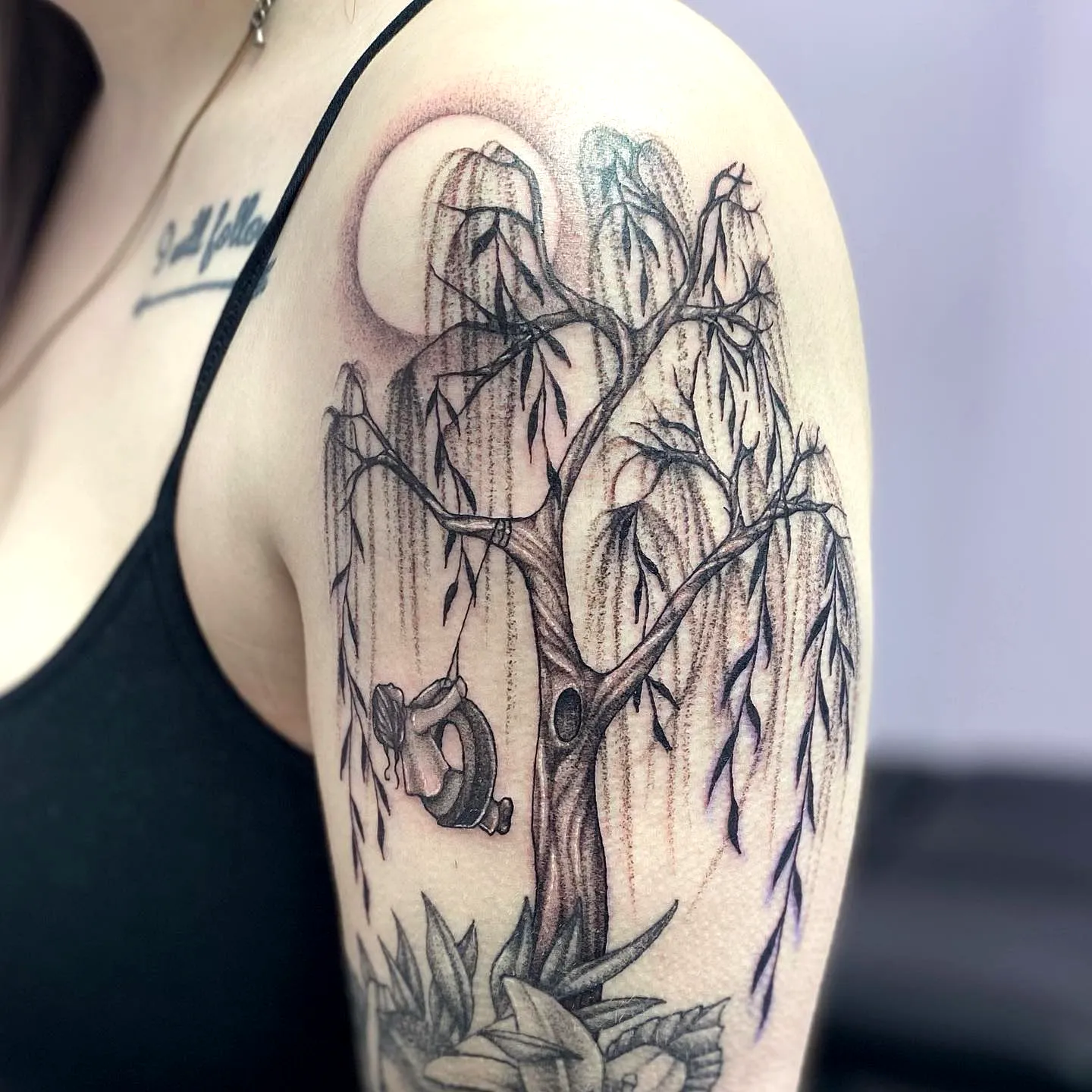 Willow Tree Arm Tattoo in Black and Grey