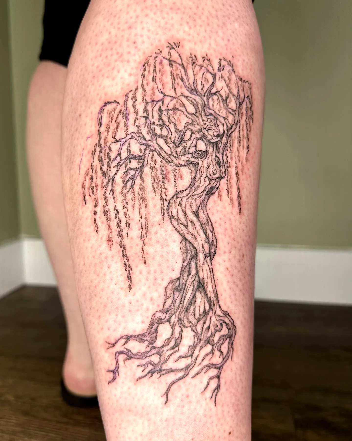 Willow Tree Calf Tattoo in Black Ink