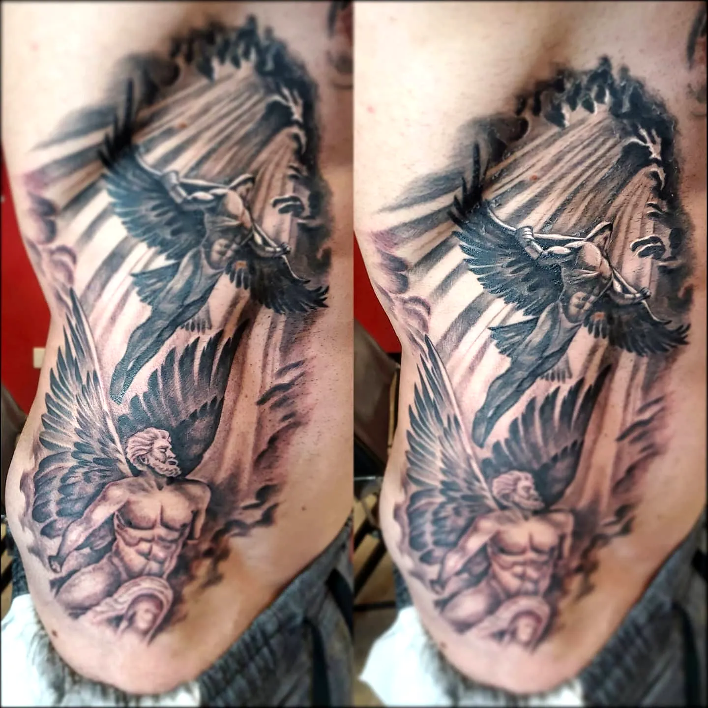 Winged Figure Torso Tattoo in Black Grey