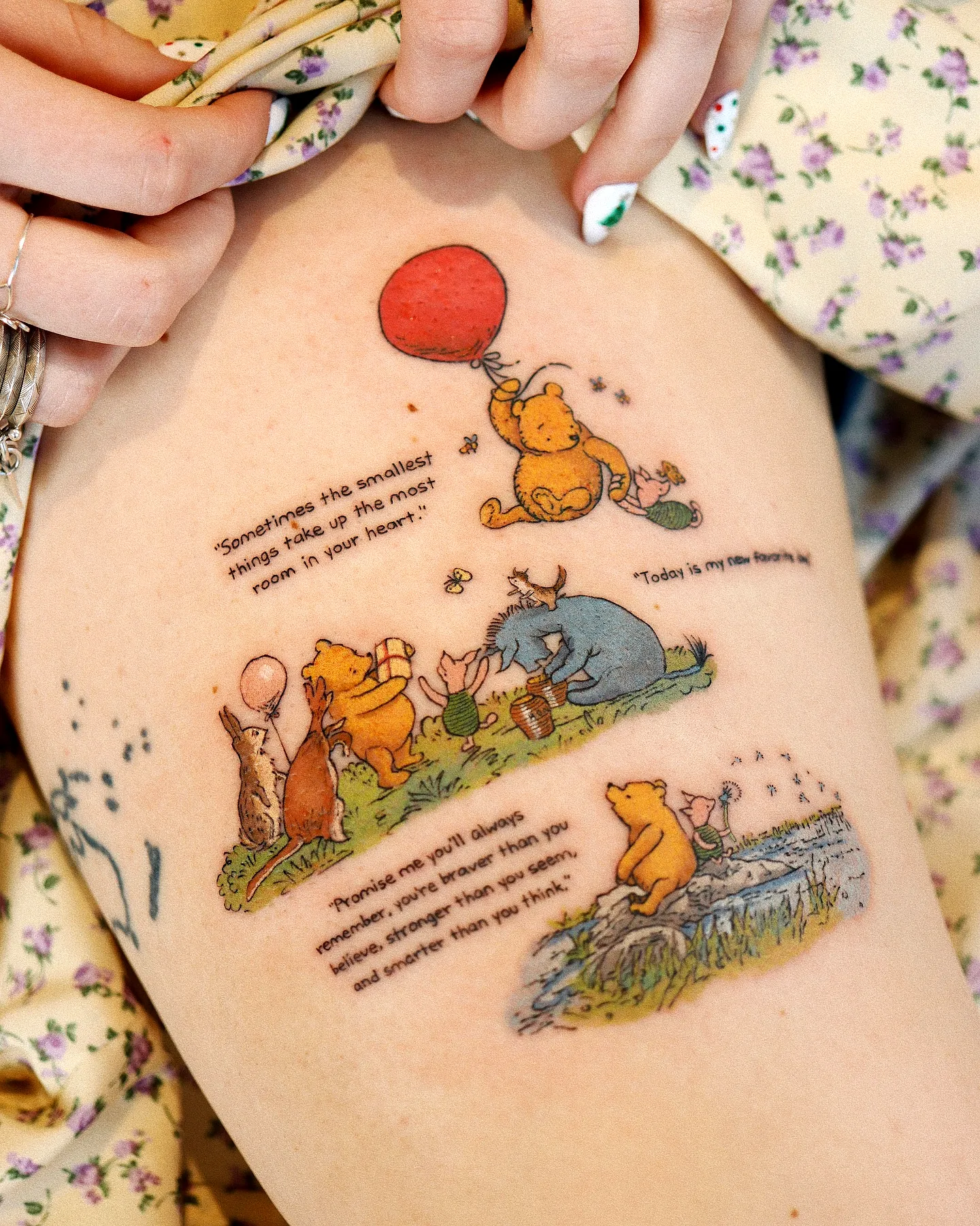 Winnie-the-Pooh Thigh Tattoo in Pastels