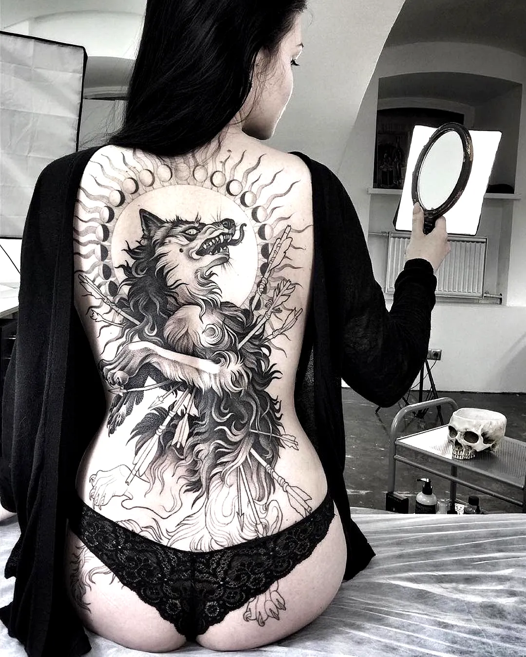 Wolf Back Tattoo with Moon Elements