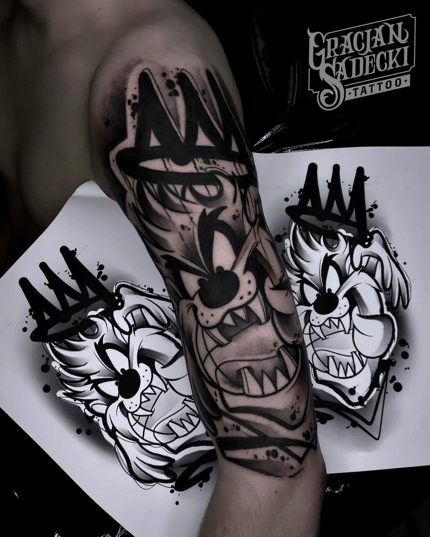 Wolf Upper Arm Tattoo in Black and Gray