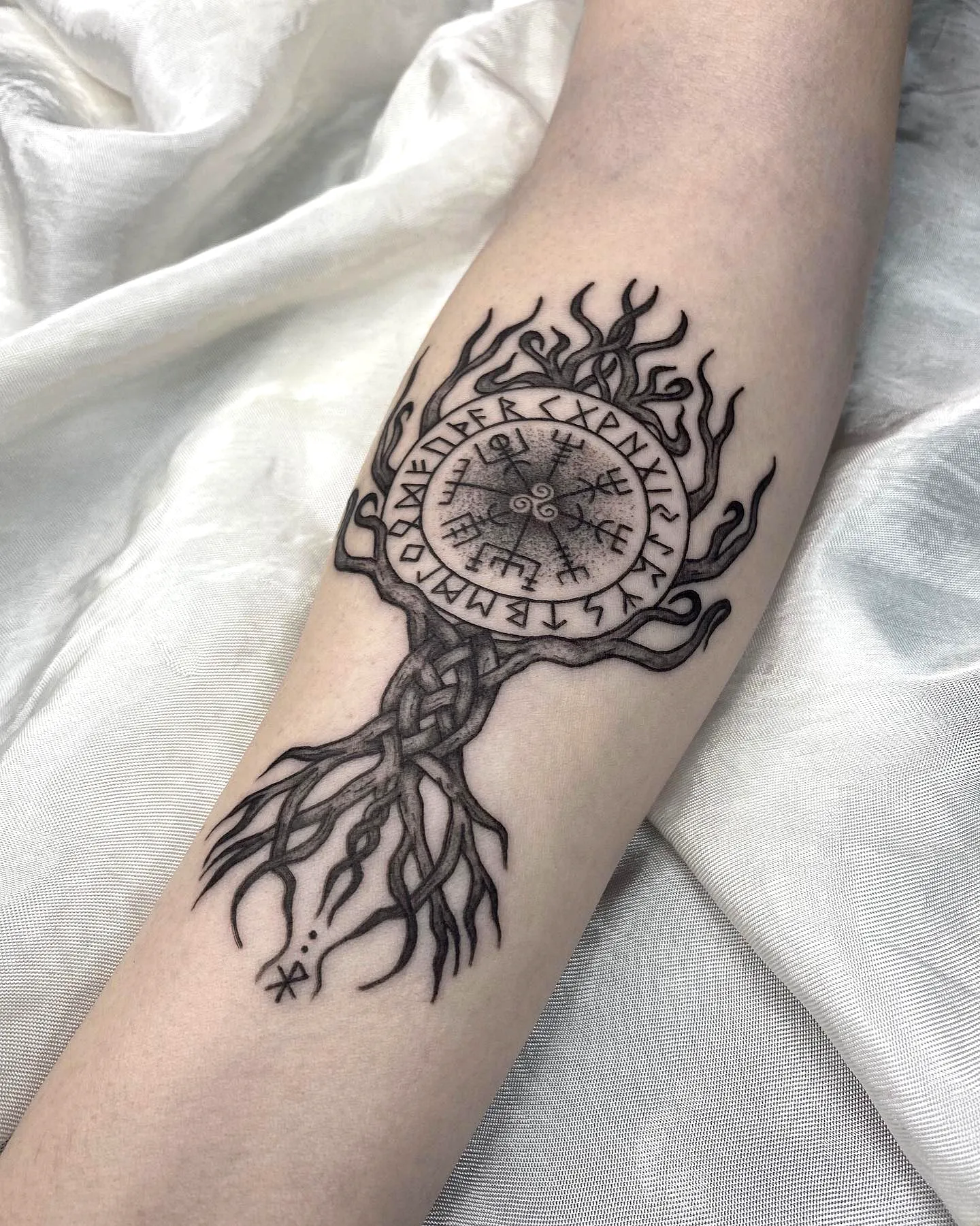 Yggdrasil Forearm Tattoo in Black Ink