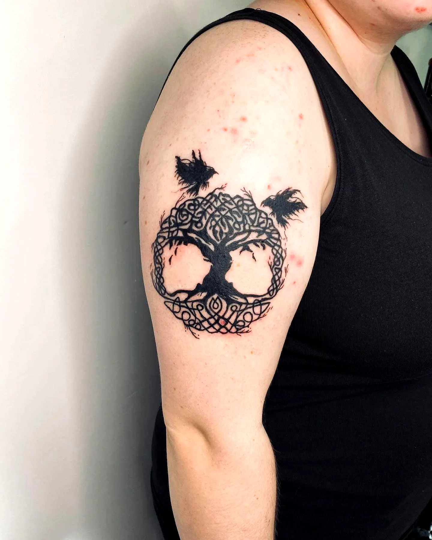 Yggdrasil upper arm tattoo with birds